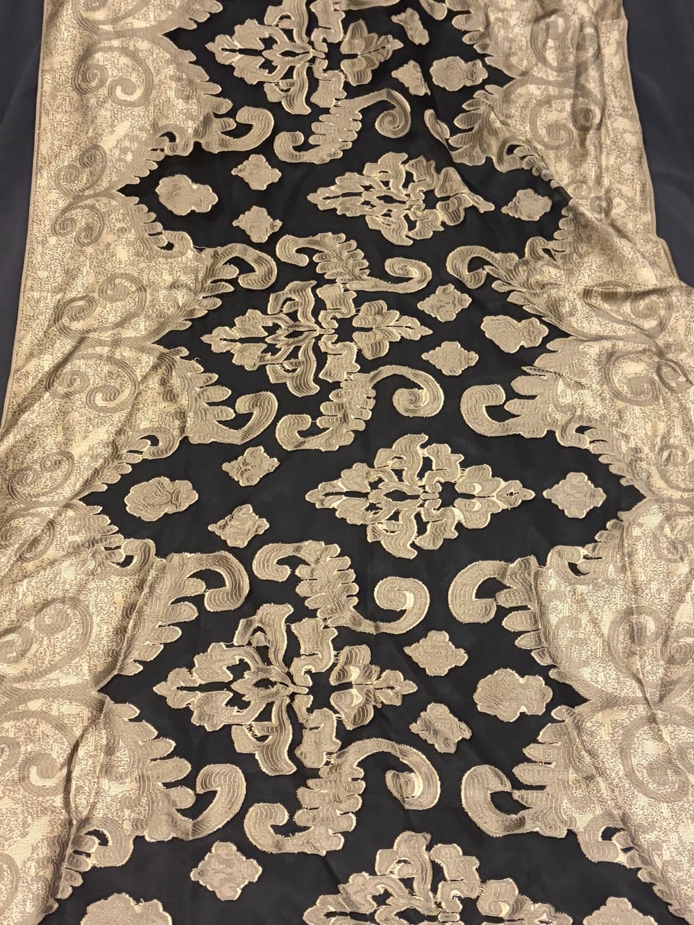 Vintage Italy 100% Pure Silk Burnout Velvet Devore Metallic Damask Scarf Wrap